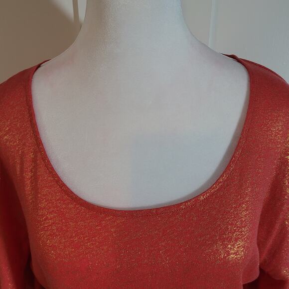 Chico's Size 1 US M Shimmer Andrina Split Sleeve Orange Gold Metallic Top Party - Picture 2 of 11